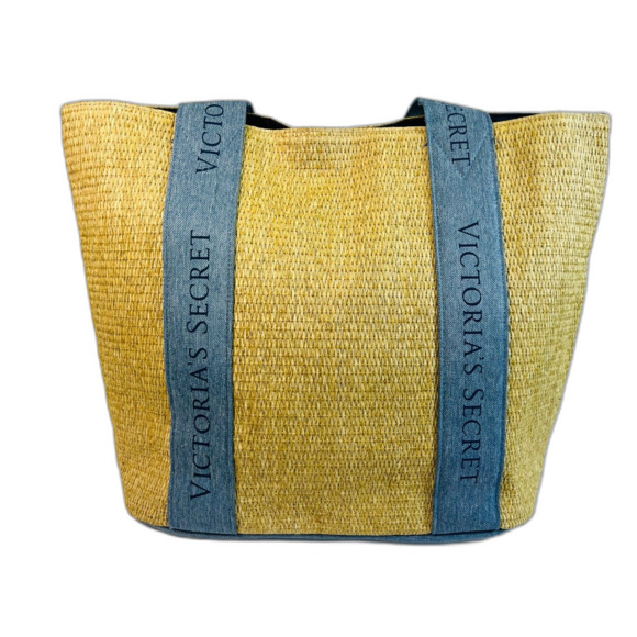 VS Victoria Secret Beach Tote Bag Pool Straw Raffia Woven Beige Blue Logo Boho - Picture 3 of 9